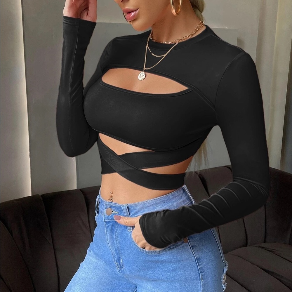 Tie Back Black Crop Long Sleeve Top